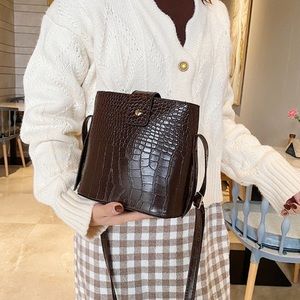 Croc Embossed Faux Leather Bucket Crossbody Bag